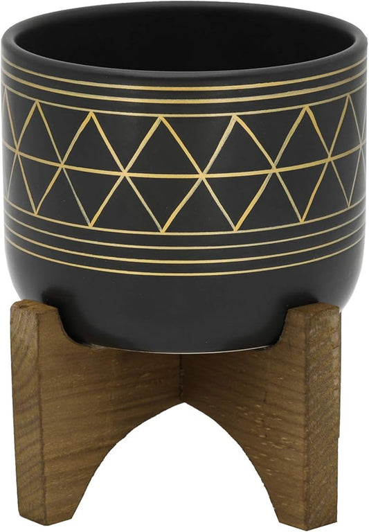 Flora Bunda 5" Black Pot Gold Line Ceramic Geometric Planter W/Wood Stand Planter Mid Century