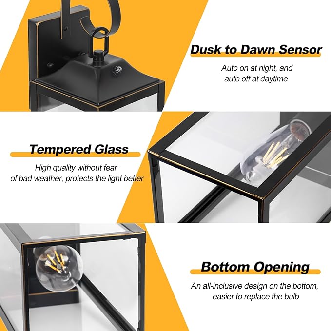 Large Dusk to Dawn Outdoor Wall Light, 19" Black Outside Farmhouse Wall Sconce, Industrial Wall Mount Light Fixture, Waterproof Modern Porch Lighting Exterior Lamp for House -with Gold Trim