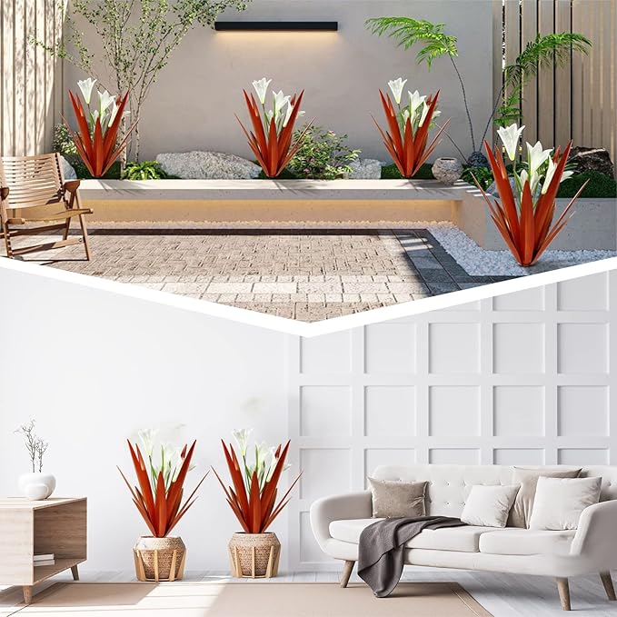 Homight Metal Agave Plant Outdoor Decoration Lily Mexican Yard Art Garden Gift Home Decor Hand Painted Metal Agave Garden Yard Statue, Outdoor Lawn Ornaments (2 Big White Lilies)