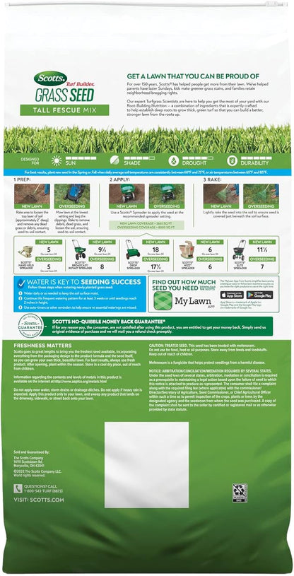 Scotts Turf Builder Grass Seed Tall Fescue Mix with Fertilizer and Soil Improver, Resists Harsh Conditions, 32 lbs.