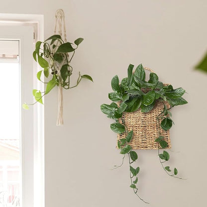 Woven Hanging Seagrass Baskets, Hanging Wall Wicker Basket, Handmade Organizer Baskets, Hanging Flower Basket for Shelves, Walls, Doors, Balconies, Front of House, Garden,...(Seagrass)