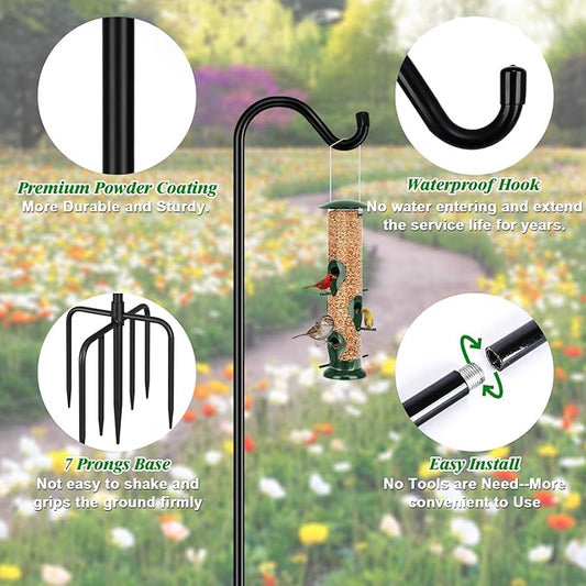 FEED GARDEN 76'' Bird Feeder Pole, Heavy Duty Shepherds Hooks for Outdoor with 7-Prong Base, Adjustable Shepherds Hook for Hummingbird Feeder, Lanterns, Plants, Wedding Decor (1 Pack)