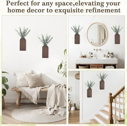 Dahey Wood Wall Vase Planter with Artificial Eucalyptus, 2 Pack Hanging Planter for Indoor Fake Plants Modern Boho Farmhouse Wall Art Decor for Bathroom Bedroom Kitchen Office Home Decoration, Brown