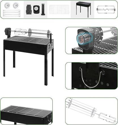 BDL Charcoal Grills Portable Rotisserie Grill Roaster with Motor, BBQ Lamb Skewer Camping Barbecue Grill for Garden Backyard Party Picnic Travel Outdoor Cooking Use