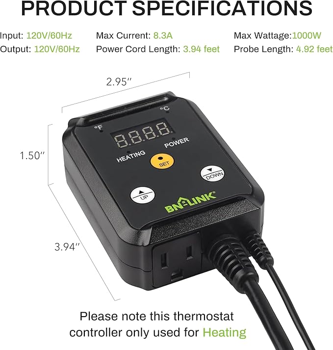 BN-LINK Reptile Thermostat Temperature Controller, Digital Heat Mat Thermostat for Seed Starting, Plant Germination, Greenhouse, Incubator, Brooder, Brewing, Reptiles Tank,40-108°F, 1000W, ETL Listed