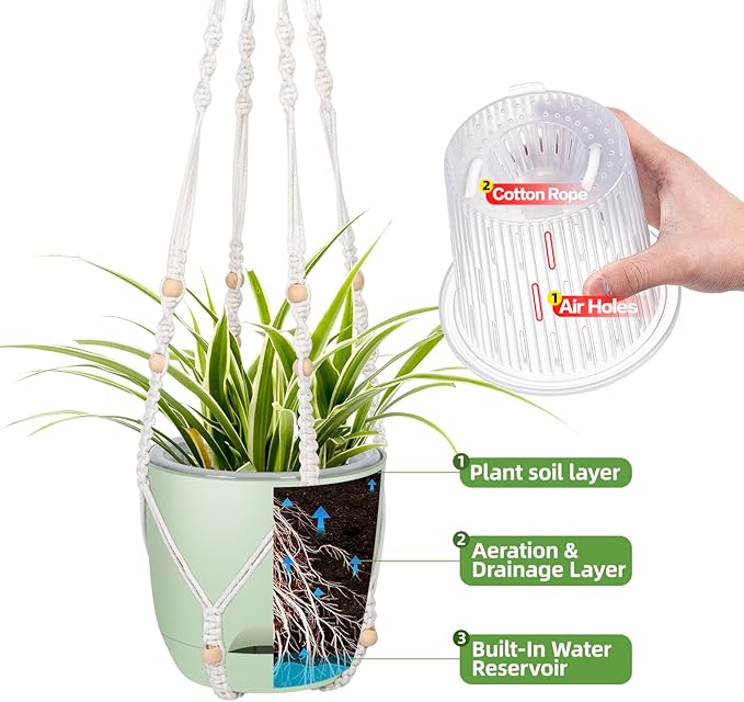 2-Pack 7..1-Inch Self-Watering Hanging Planters for Indoor & Outdoor Plants,34Inch Macrame Hanger Plant Pots Indoor with Drainage,Small Hanging Planters & Baskets,With Two Sets of Hooks（Pure green）