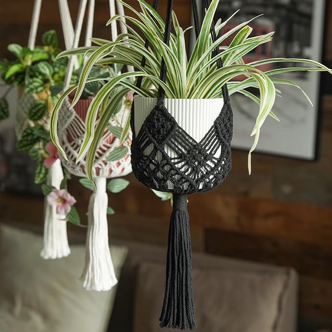 Hanging Planter with Patterns,2Packs Macrame Plant Hangers Indoor Macrame for up to 8 inch Pot Crochet Boho Plant Hanger Holder for Indoor Outdoor with 2S Shaped Stainless Steel Hooks (Black)