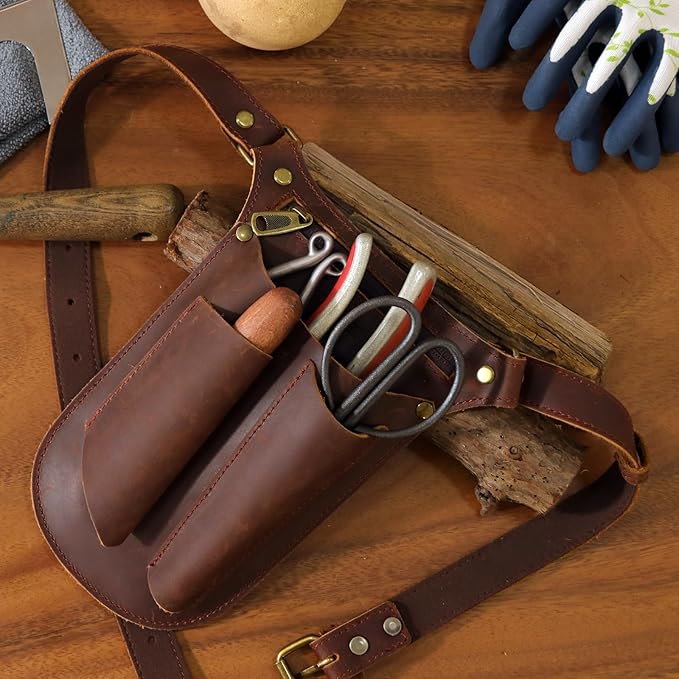 Tourbon Leather Gardening Belt Florist Tool Bag Gardener Holster Waist Pouch Electrician Carpenter Organizer Kit with 4 Pockets Up to 44"", Brown