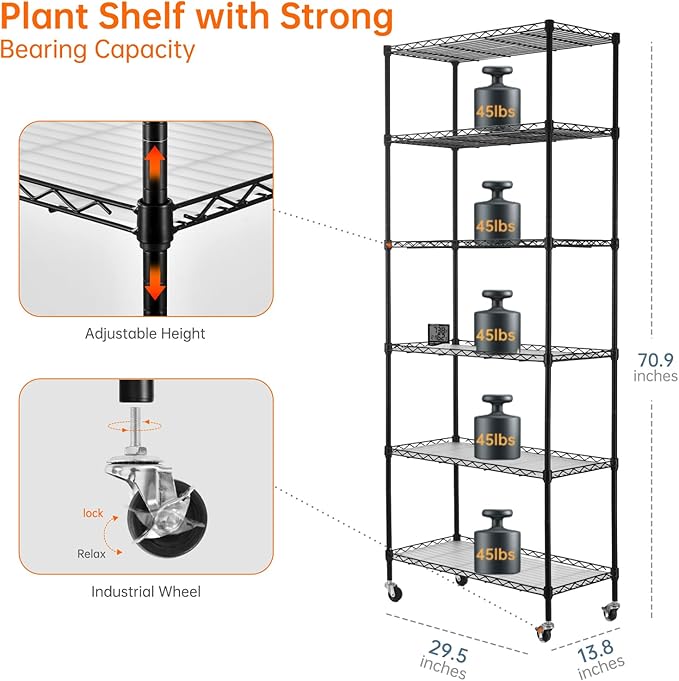 Bstrip 71" Indoor Greenhouse with Grow Light, 6-Tier DIY Plant Shelf with Adjustable Rack and Wheels, 8-Pack 192W Full Spectrum LED Plant Light for Indoor Plants, Seed Starting, (29.5" L x 13.8" W)