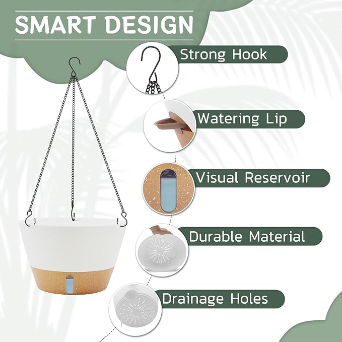 ZMTECH 12 Inch Hanging Planters for Indoor Plants, 2 Pack Self Watering Hanging Planter with Visual Reservoir, Hanging Pots for Plants Outdoor with Drainage Hole and Plant Hanger(2 Pack, White)