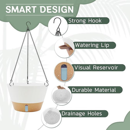 ZMTECH 12 Inch Hanging Planters for Indoor Plants, 2 Pack Self Watering Hanging Planter with Visual Reservoir, Hanging Pots for Plants Outdoor with Drainage Hole and Plant Hanger(2 Pack, White)