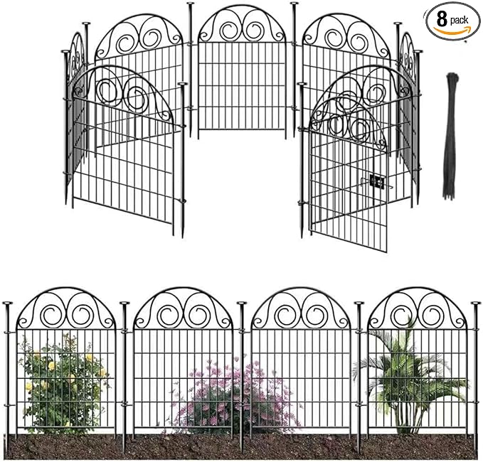Tall Garden Animal Barrier Fence With Gate, 40 in(H)×27 in(L) 8 Panels Dog Digging Fences Barrier, Black Metal Temporary Fencing, Reusable Defense Fence For Outdoor Yard. Total 17.5 Ft│Patented