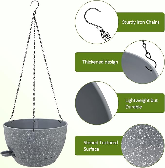 WOUSIWER Self Watering Hanging Planters, 2 Pack 12'' Plastic Pots with Drainage Holes & Reservoir Tray (Speckled Grey) | Indoor & Outdoor Use for Ferns, Ivy, Herbs, Succulents