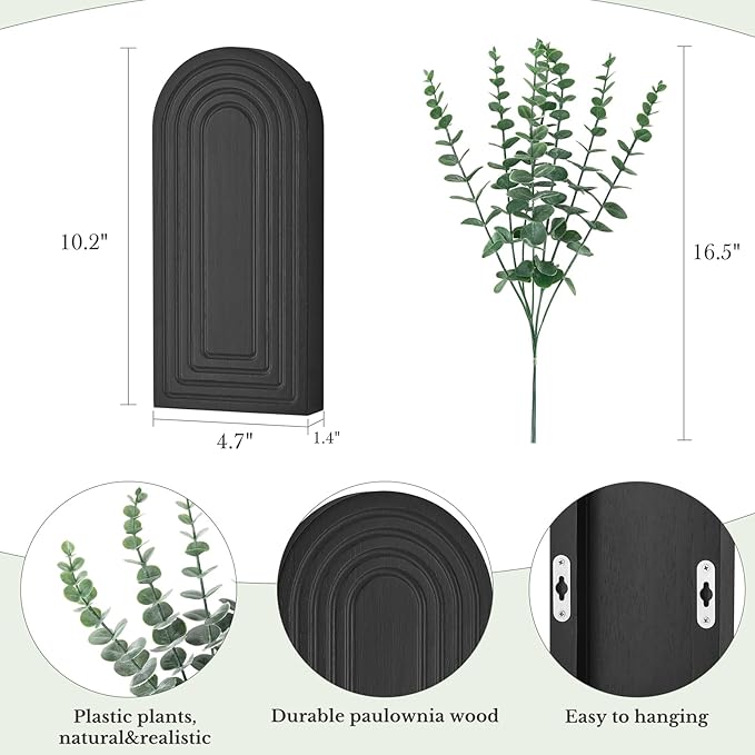Dahey Wood Wall Planter Vase with Artificial Eucalyptus, 2 Pack Hanging Planter for Indoor Fake Plants Modern Boho Farmhouse Wall Art Decor for Bathroom Bedroom Kitchen Office Home Decoration, Black