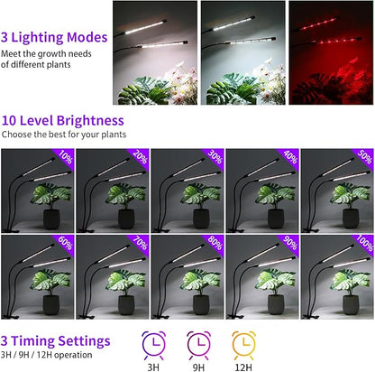 Grow Lights Upgrade 168 LEDs Clip Plant Lights for Indoor Plants, Full Spectrum White+ Red LED Plant Growing Lamps with Flexible Gooseneck, 3/9/12H Timer, 3 Spectral Modes, 10 Dimmable Levels 2 Pack