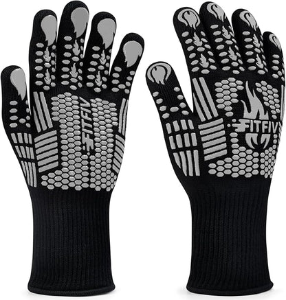 BBQ Gloves, Oven Gloves, Extreme Heat Resistant Barbecue Gloves, Silicone Non-Slip Oven Mitts, Kitchen Gloves for Cooking, Grilling, and Baking (Gray)