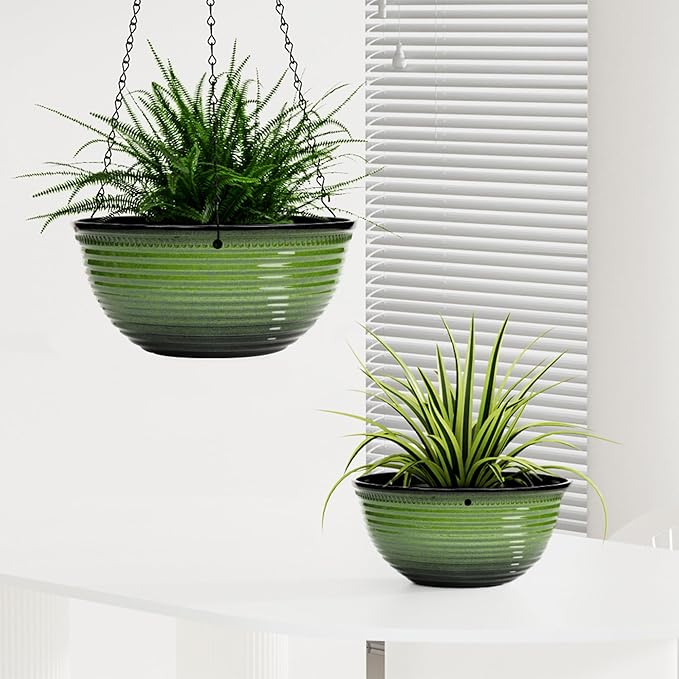 10 Inch Hanging Planter, 2 Pack Hanging Planters for Indoor Outdoor Plants Self Watering Hanging Pots with Drainage Holes for Garden Home (Green)