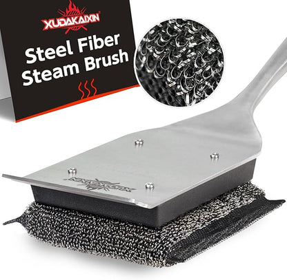 XUDKAKAIXIN Grill Brush Bristle Free,with 1 Replacement Head,Unique Steel Fibers Pad [Safe & Efficient] Perfect for Cast Iron/Stainless-Steel Grates-,Grill Cleaner for Outdoor Gril,Gifts for Men/Dad