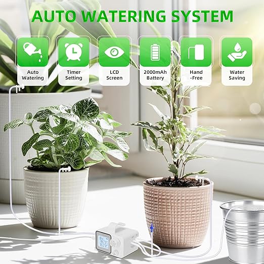 Automatic Plant Watering Devices with Programmable Water Timer and LED Display,Automatic Drip Irrigation Kit System for 15 Potted Plants Outdoor Indoor Garden Balcony Vacation