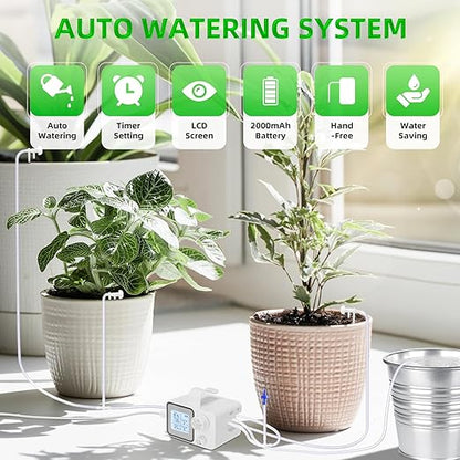Automatic Plant Watering Devices with Programmable Water Timer and LED Display,Automatic Drip Irrigation Kit System for 15 Potted Plants Outdoor Indoor Garden Balcony Vacation