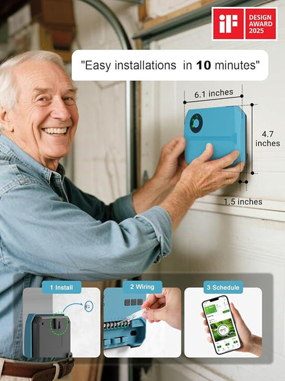 Smart Sprinklers Controller WiFi, Irrigation Controller Easy Use App Enabled, 4 Zone + 16 Plans, Save Water Auto Skip Rain, Freeze & Wind, 10 Minutes Install (Light Blue)