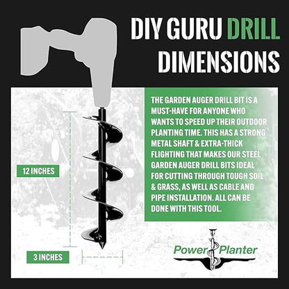 Power Planter DIY Guru Garden Auger- 3"x12" Drill Bit Hole Digger for Post Hole Diggers, Bulb Planter Tool- Auger Drill for Planting- Garden Digging Tool- 3/8" Non-Slip Hex Drive (Blue)