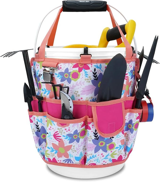 KUNN 5 Gallon Bucket Organizer 18-Pocket Bucket Tool Bag with Hangable Handle, Heavy-Duty Garden Tool Organizer Bag for Gardening Tools, Fits 3.5-5 Gal Buckets, Includes Comfort Grip Pad, Red