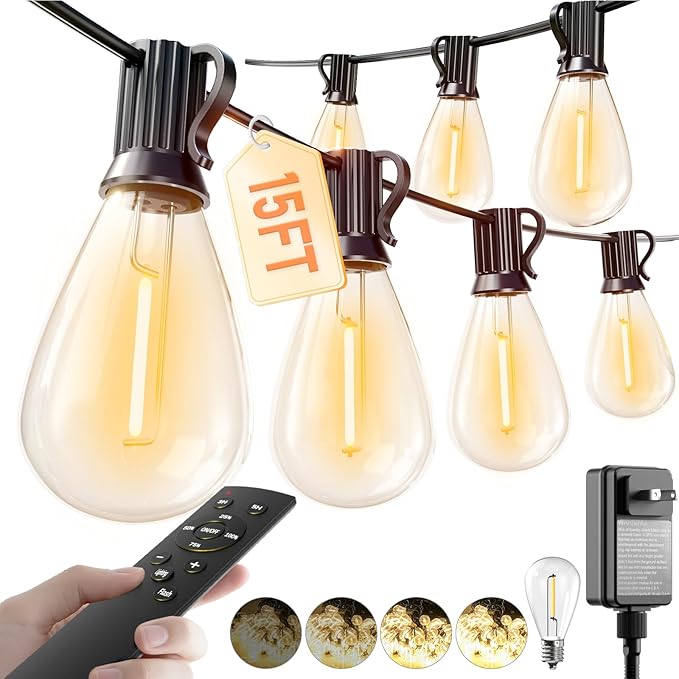 luckystyle 15FT LED Outdoor String Lights with Remote, 6+ 1 Shatterproof Bulbs Waterproof and Dimmable Patio Lights for Porch, Garden, Backyard, Deck, Balcony, 2200K Hanging Lighting
