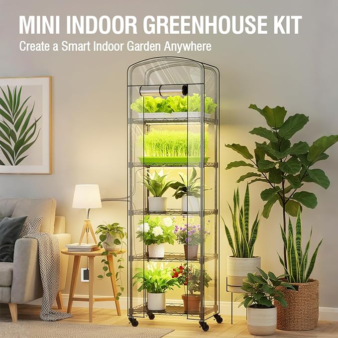 Mini Indoor Greenhouse with Grow Light & PVC Cover Portable Small Greenhouse with Shelves Adjustable 5 Tier Metal Plant Stand with Grow Light for Indoor Plants, Seed Starting,16.5"x11.4"x56.3"