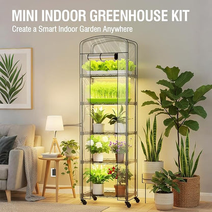 Mini Indoor Greenhouse with Grow Light & PVC Cover Portable Small Greenhouse with Shelves Adjustable 5 Tier Metal Plant Stand with Grow Light for Indoor Plants, Seed Starting,16.5"x11.4"x56.3"