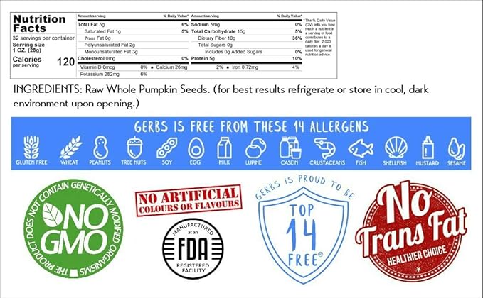 Gerbs Raw Whole Pumpkin Seeds 2 lbs. | In-Shell, 10.5 mm Size, Resealable Bag | Mildly Nutty & Crunchy | Top 14 Allergen-Free