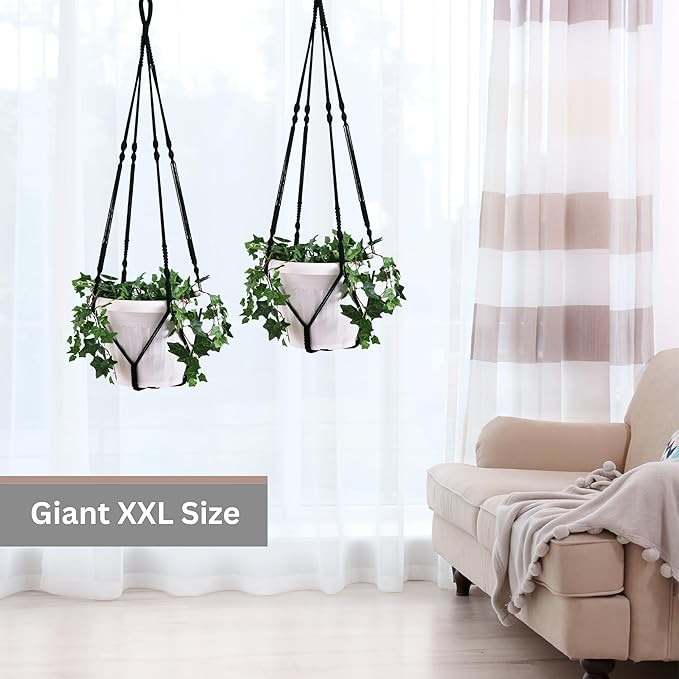 2 Pack Giant XXL 55 Inches Macrame Planter Hanger Large for 15 inch Pot + Swag Hook | Extra Large Hanging Planter for Indoor Plants | No Pot/Plant Included (XXL Black)