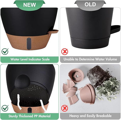 12/10/8 Inch Self Watering Pots for Indoor Plants Plastic Large Plant Pot for Outdoor Plants, Water Level Window & Spacious Reservoir Flower Pots Decorative Planter with Drainage and Tray (Black)