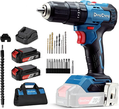 Dong Cheng 20V Brushless Heavy-duty Impact Drill, 443 in-lbs, 27000 IPM, 1/2" Keyless Metal Chuck, 20+1+1 Clutch, Cordless Hammer Drill with 2 Battery Kit for Drilling Brick Wall, Metal, Wood