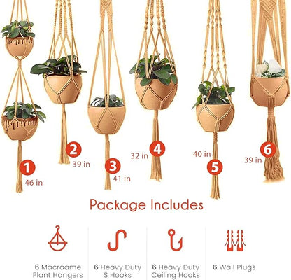 feedee Macrame Plant Hangers - 6 Pack, Brown, Indoor/Outdoor, 11.9 lbs Capacity, Ready to Hang