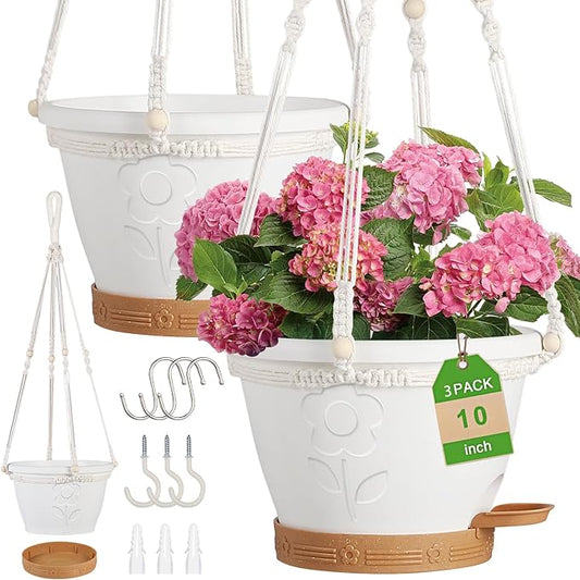3 Pack Hanging Baskets Set, Hanging Planters for Indoor & Outdoor Plants, Self-Watering Hanging Pots with Removable Tray&Drainage Holes, Flower Pots for Home Garden Decor 10 Inch (White)
