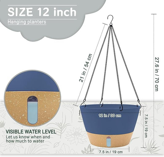ZMTECH 12 Inch Hanging Planters for Indoor Plants, 2 Pack Self Watering Hanging Planter with Visual Reservoir, Hanging Pots for Plants Outdoor with Drainage Hole and Plant Hanger(12Inch, Blue)