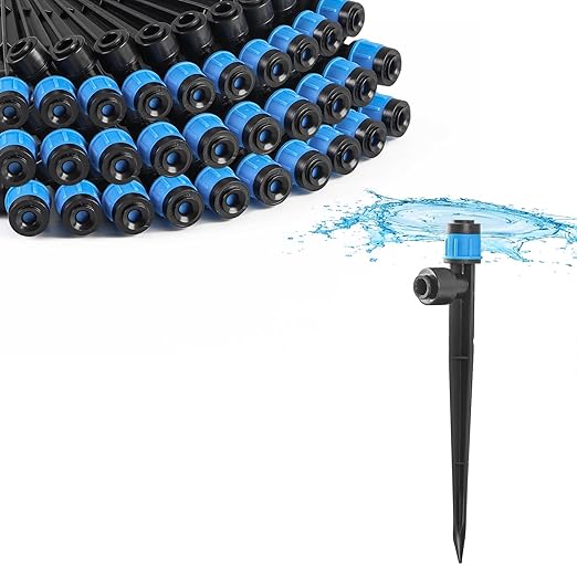 MIXC 30pcs Quick-Connect Drip Irrigation Emitters Fan Shape for 1/4" Drip Irrigation Tubing - Adjustable Push-to-Connect 360° Drip Emitters Vortex on 6" Sturdy Stake for Irrigation System