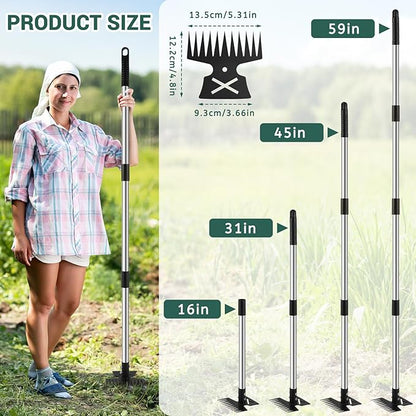 Weed Puller Tool with Long Handle, 11 Tooth Weed Remover Tool, 2 in 1 Weed Rake and Garden Hoe for Weeding, Weeder Tool with Detachable Handle, Uprooting Weeding Tool for Yard, Lawn, Patio,Garden