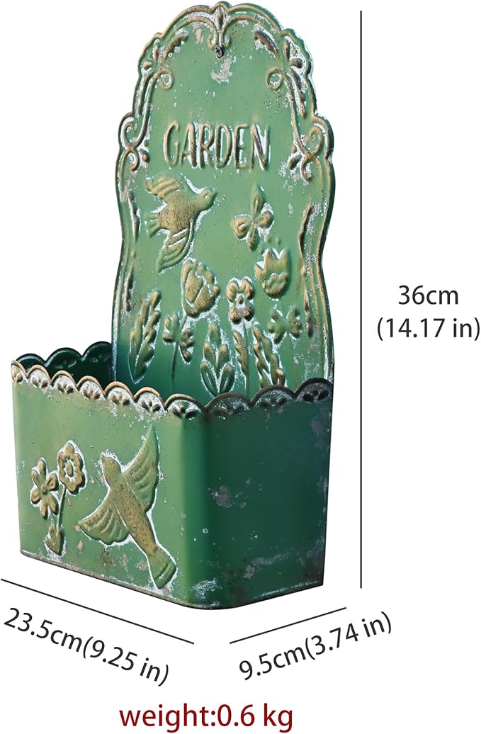 BIG FORTUNE Metal Wall Mount Planter Wall Vases for Flowers Shabby Chic Decor for Rustic Farmhouse Outdoor Decor (DarkGreen)