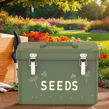 Orionstar Seed Storage Organizer, Metal Seed Saving Box with Lid, Seed Bin with 30 Plant Labels 30 Seed Envelopes 1 Marker Pens, 3 Compartments Box with Safety Locks, Tall Green