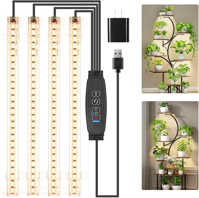 8.6 Inches LED Grow Light Strips, Grow Lights for Indoor Plants Full Spectrum 3500K, 104 LEDs Plant Light with 10 Dimmable Levels, 3/9/12H Timer for Seedling Succulent and Plant Shelf, 4 Head 1 Pack