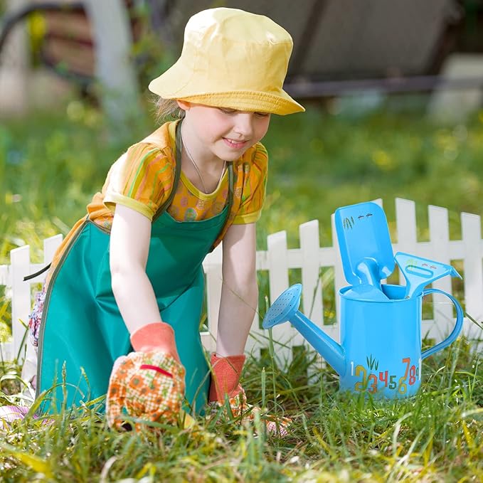 Sungmor Small Watering Can Set Cute Little Gardener Kit | Package Includes 3PC Blue Number Watering Can & Trowel & Rake Gardening Hand Tools | Perfect for Garden,Yard or Beach