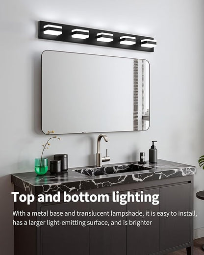 Bathroom Lighting Fixtures Over Mirror, 5 Light Bathroom Vanity Light Fixtures with Cool White 5000K, Matte Black LED Modern Vanity Wall Lights for Bath, Dressing Room, Restroom, 37.4 inch