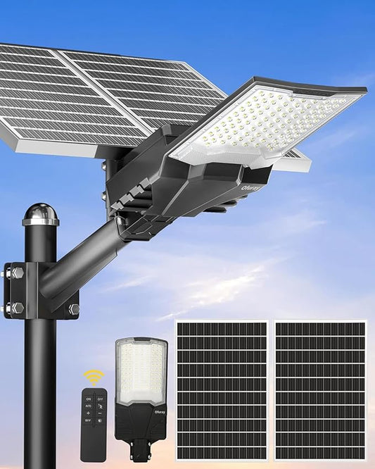 Ofuray Solar Street Lights Outdoor,OL-10000W 50,000Mah High Power Solar Security Flood Lights Parking Lot Lights Commercial Dusk to Dawn,IP67 6500k Led with Remote for Street,Court,Barn