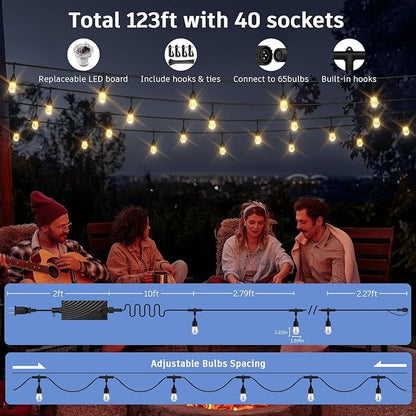 XMCOSY+ Smart Outdoor String Lights - 123ft RGBCWIC Patio Lights with 40 Color Changing Bulbs, LED String Light for Outside Backyard Bistro Party, APP WiFi Control, Work with Alexa, IP65 Waterproof