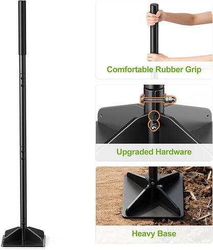 Heavy Duty Steel Tamper with Upgraded Bolts & Reinforced Base, 48" Handle with Comfortable Rubber Grip, 8×8" Plate, Easy to Assemble Hand Tamper for Soil, Gravel, Asphalt & Lawn