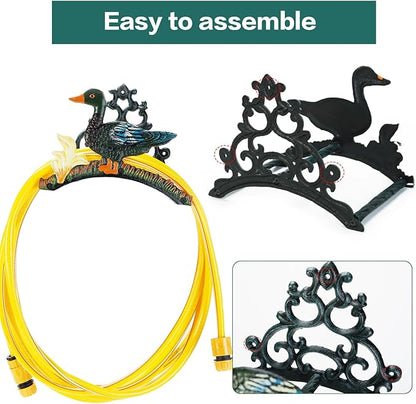 Sungmor Heavy Duty Cast Iron Garden Hose Holder | Water Hose Hanger Wall Mounted | Decorative Indoor Outdoor Hose Rack Reel | 50FT 75FT 100FT Water Hose Bulter Storage | Lovely Duck Metal Hose Stand