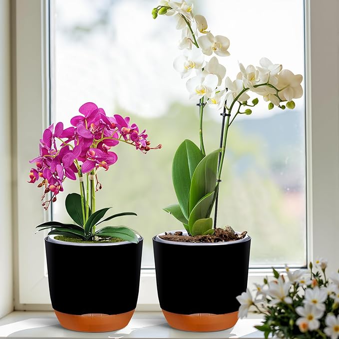 QCQHDU 2 Pack 5.7 Inch Orchid Pots with Holes for Repotting, Double-Layer and Self Watering Orchid Pot with Good Air Circulation