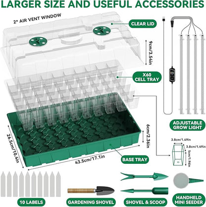 120 Cell Seed Starter Tray, Seed Starter Kit with Growth Light, 3.54-inch Humidity Dome Seedling Germinatio Starter Kit, Indoor Seed Germination Tray for Seed Reproduction and Seed Initiation